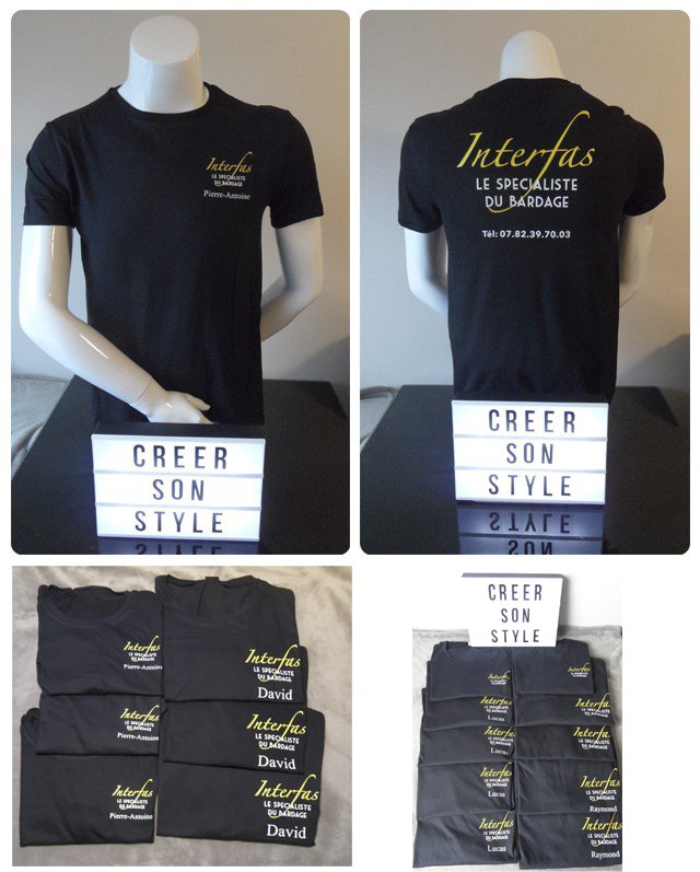 Réalisations de 16 tee shirts pour l'entreprise Interfas 
Tee shirt noir avec logo jaune citron et blanc