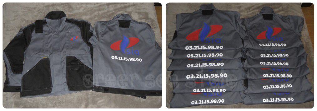 Flocage de 12 vestes de travail pour la société 'S.I.A'
Petit logo devant et grand logo dans le dos avec numéro de téléphone.