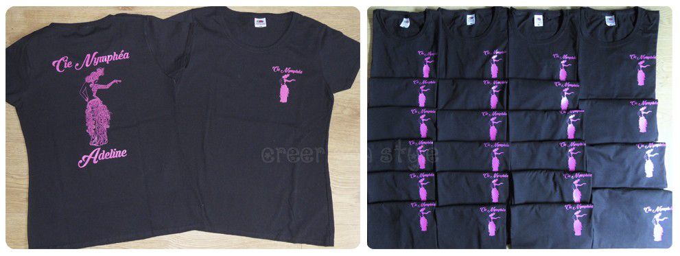 Réalisations de 22 tee shirts adulte pour l'association 'Cie Nymphéa'. Flocage fuchsia sur tee shirt noir.