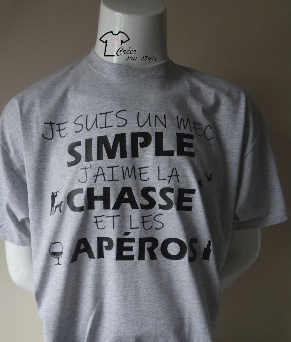 tee shirt homme "je suis un mec simple j'aime la chasse et les apéros"