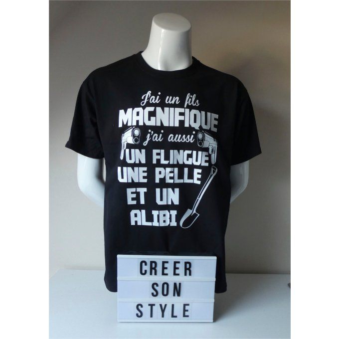 tee shirt homme "J'ai une fille magnifique j'ai aussi un flingue une pelle et un alibi"