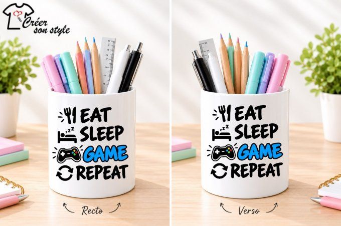 Pot à crayon "eat, sleep, game, repeat"