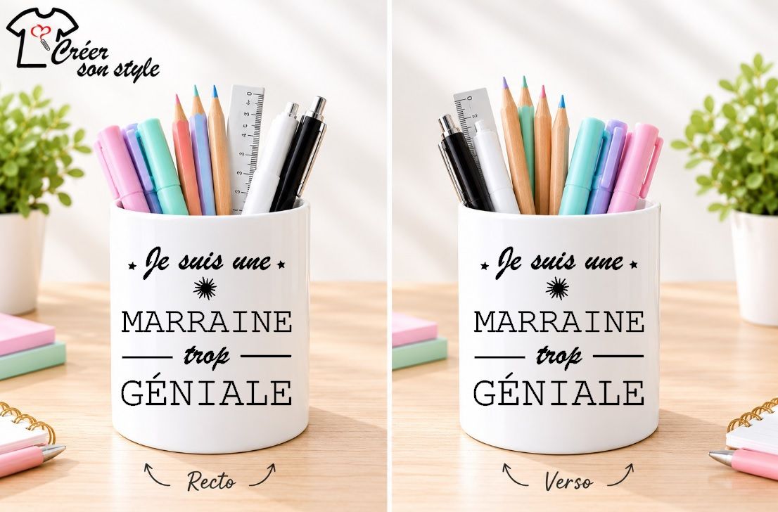 Pot à crayon "je suis une marraine trop géniale"