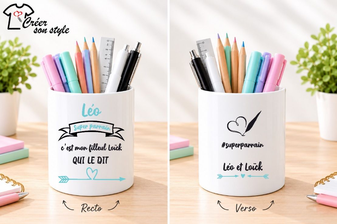 Pot à crayon "super parrain c'est mon/ma filleul(e) qui le dit"
