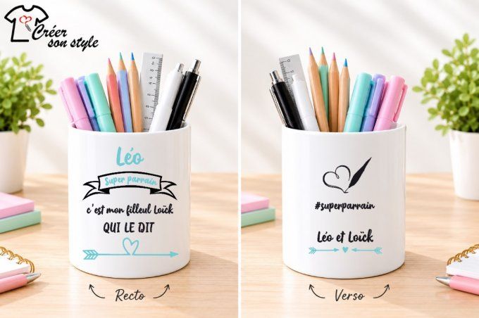Pot à crayon "super parrain c'est mon/ma filleul(e) qui le dit"