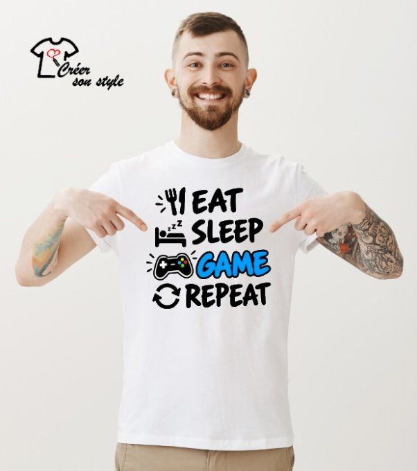 Tee shirt "eat, sleep, game, repeat"